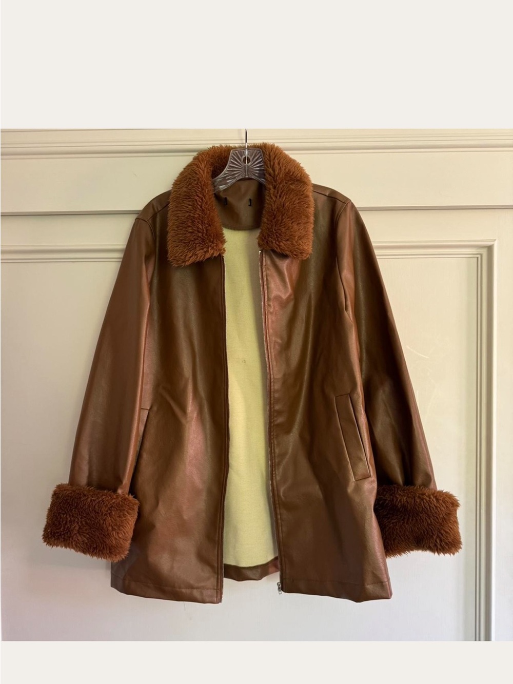 Classic Brown Faux Leather Jacket with Shearling Collar
